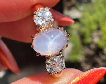 unheated lavender star sapphire Victorian old mine cut diamond ring