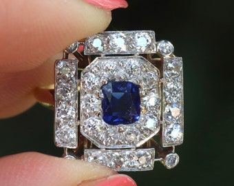 Antique old mine cut diamond and Cambodian Pailin no heat sapphire ring size 6 (Betty)