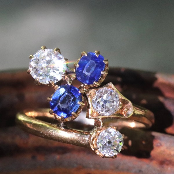 Authentic art nouveau 18k yellow gold old mine cut diamond and natural sapphire ring size 5.5 (sizable)