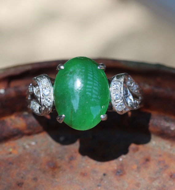 Art deco platinum and diamond jade ring