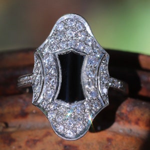 Authentic Art Deco platinum, diamond and onyx ring size 6.5 (sizable)