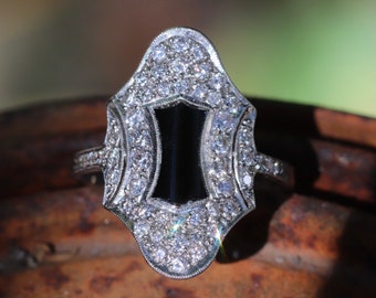 Authentic Art Deco platinum, diamond and onyx ring size 6.5 (sizable)