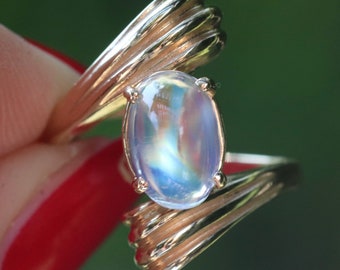 Rainbow moonstone and 14k yellow gold retro bypass ring