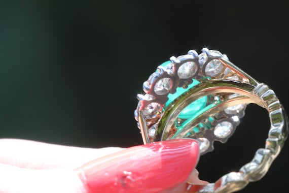 Emerald old European cut diamond halo Art Deco pe… - image 10