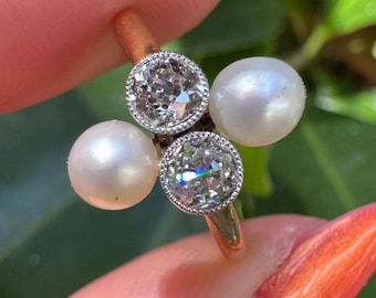 Natural pearl and old European cut diamond ring