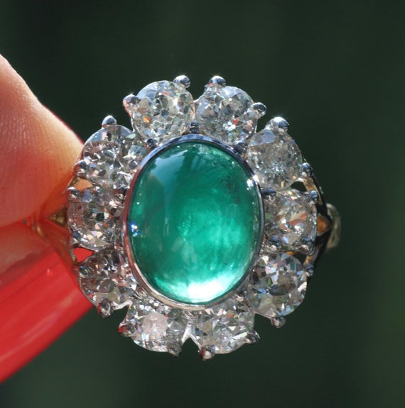 Emerald old European cut diamond halo Art Deco pe… - image 1