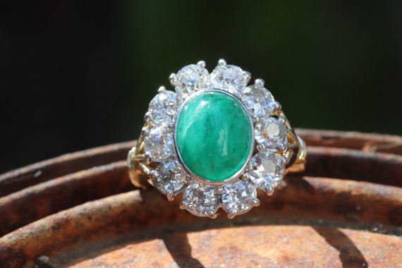 Emerald old European cut diamond halo Art Deco pe… - image 2