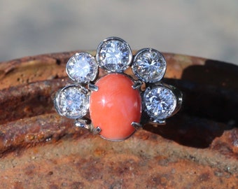 Retro coral and diamond ring set in platinum size 6.25 (sizable)