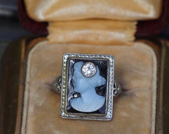 14k white gold onyx cameo ring with .17 old mine cut diamond size 5.25 sizable