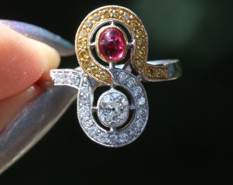 18k Art Deco inspired old cut oval diamond and cabochon ruby ring size 8 (sizable)