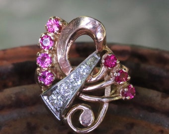 14 kt rose gold, diamond and synthetic ruby ring size 4 (sizable)