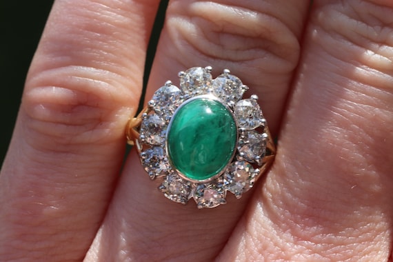 Emerald old European cut diamond halo Art Deco pe… - image 9