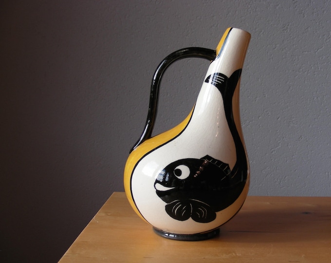 Vase Hand Painted With Whale Motif 1955 Mid Century Ceramics