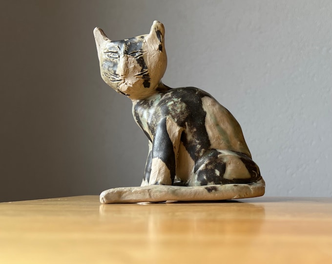 Vintage Cat Sculpture Gray Kitty Clay Figurine
