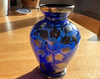 Silver Painted Venetian Glass Vase Cobalt Blue