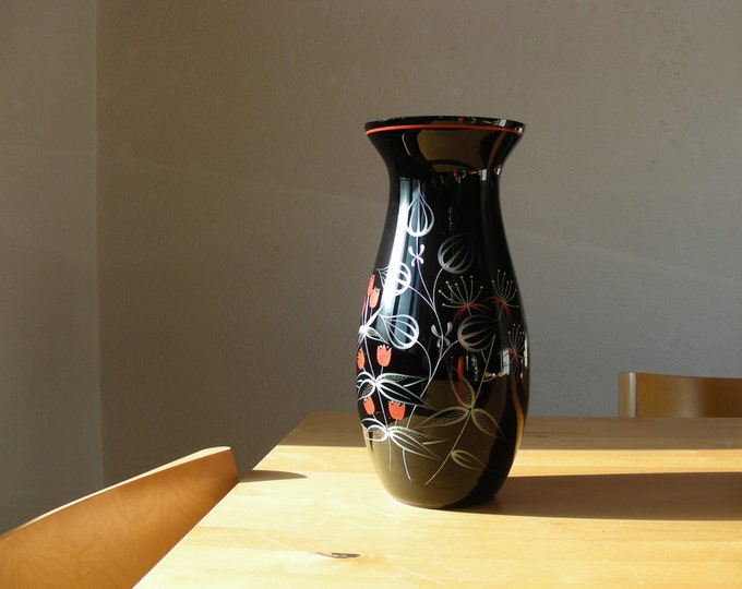 Vase, Amethyst glass  hand painted with red and white flower design, Czech?