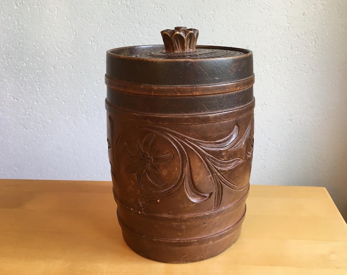 Wood Bucket With Lid or Storage Container Hand Carved In Switzerland Vintage Item Edelweiss Design