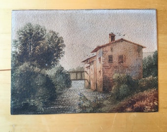 Small Original Vintage European Watercolour Signed P. Dubois? House By River