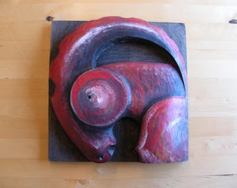 Hand Made Wooden Relief Mountain Goat Modern Sculptural Wall Hanging Art