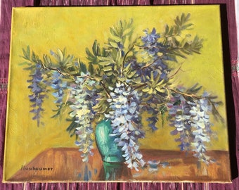 Purple Wisteria Original Oil Painting on Canvas Signed Nussbaumer ( Otto ) Jewel Tone Yellow Art