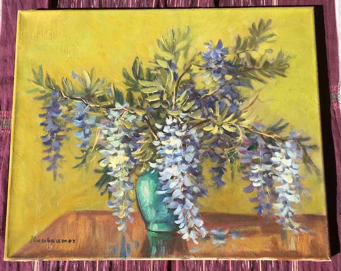 Purple Wisteria Original Oil Painting on Canvas Signed Nussbaumer ( Otto ) Jewel Tone Yellow Art