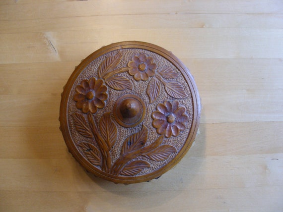 Vintage Turned Wooden Bowl Hand Carved With Flowe… - image 8