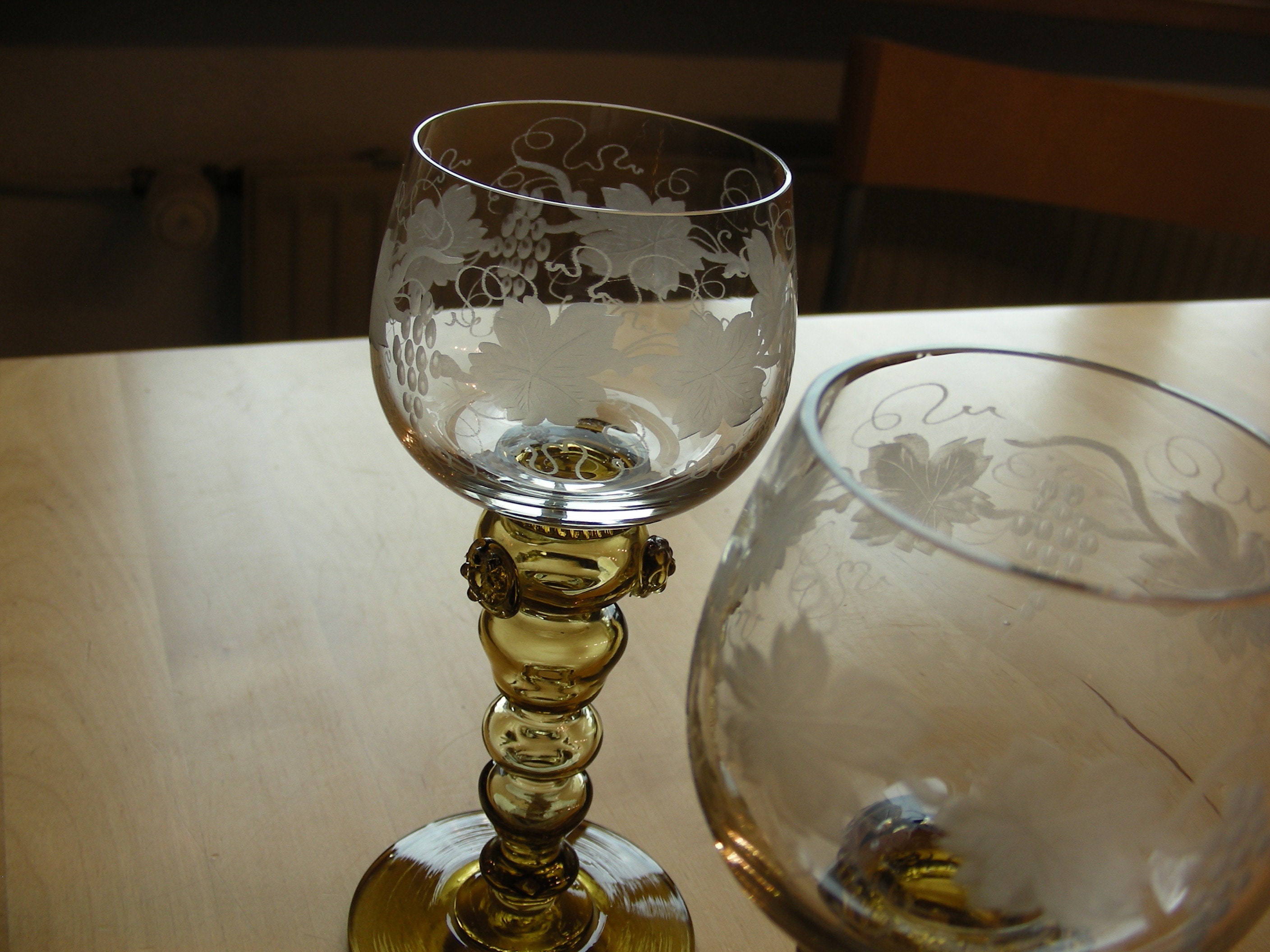 Set of two, etched roemer wine goblets, glasses from Germany, white wine glasses