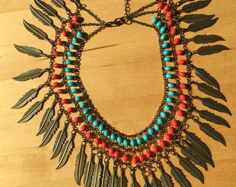 Vintage boho necklace, eclectic jewelry, beads and feathers