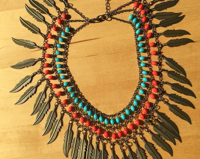 boho necklace, eclectic jewelry, beads and feathers