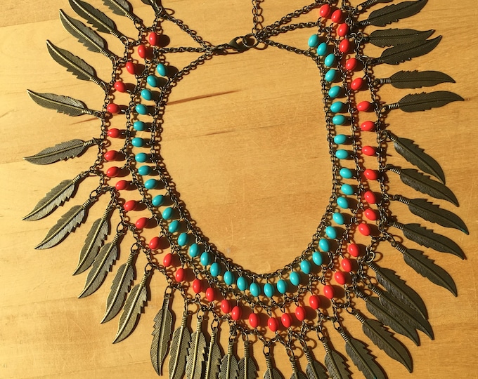 Vintage boho necklace, eclectic jewelry, beads and feathers