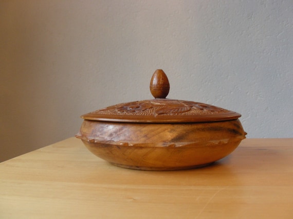 Vintage Turned Wooden Bowl Hand Carved With Flowe… - image 2