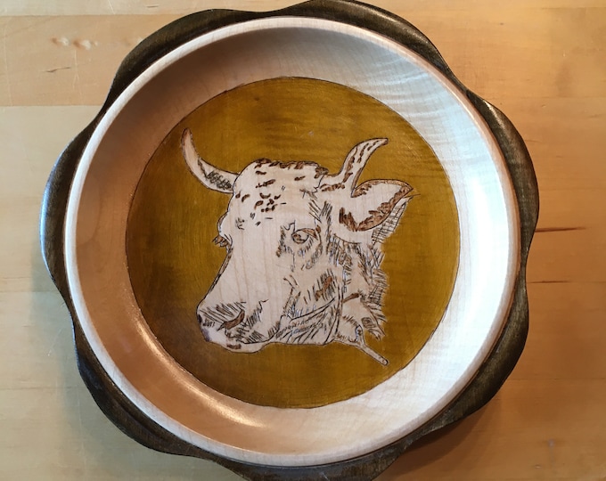 Vintage Wood Fruit Nut Bowl With Handmade Cow Picture