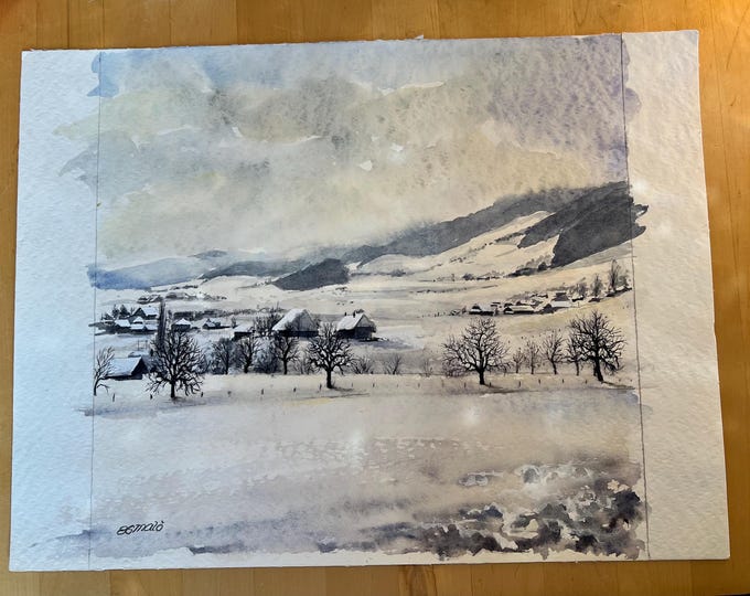 Hand Painted Watercolour Swiss Countryside in Winter Winter Landscape Painting