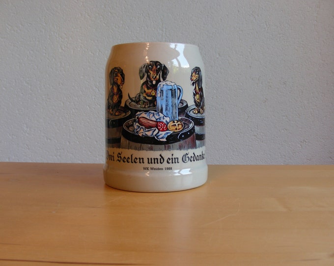 Vintage German Beer Stein or Mug Drei Seelen und Ein Gedanke WK Weiden 1988 Dachshunds and Sausage
