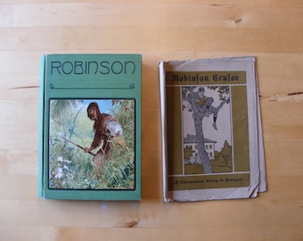 Robinson Crusoe vintage book, circa 1914, W. Hoffmann illustrations, in German