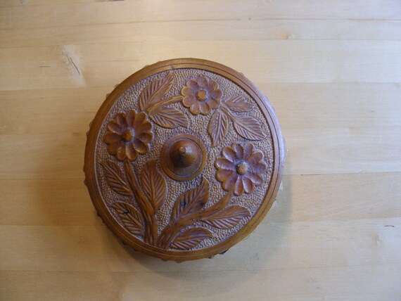 Vintage Turned Wooden Bowl Hand Carved With Flowe… - image 3