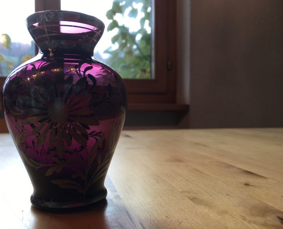 Ondergeschikt vochtigheid Mand Vintage Italiaanse glazen vaas paars met zilveren overlay - Etsy België