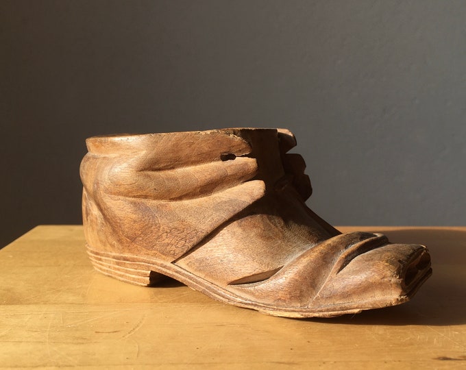 Vintage Hand Carved Wooden Shoe Planter