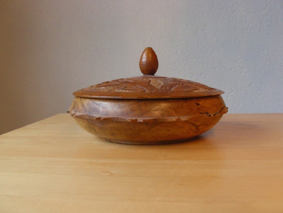 Vintage Turned Wooden Bowl Hand Carved With Flowe… - image 6