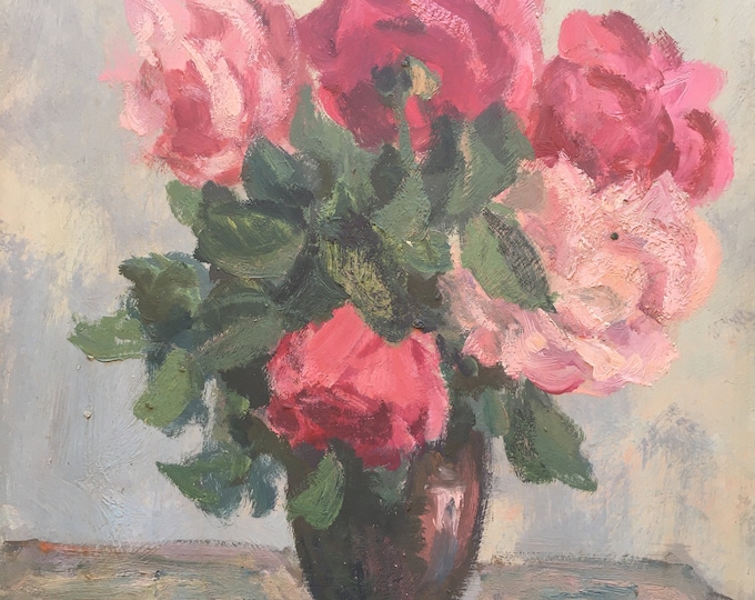 Original Oil on Wood Plate Still Life With Roses Signed M. Keller 50, Max Keller Swiss Artist