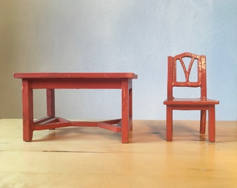 Vintage miniature table and chair, red painted table and chair doll furniture