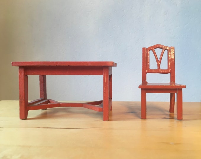 miniature table and chair, red painted table and chair doll furniture