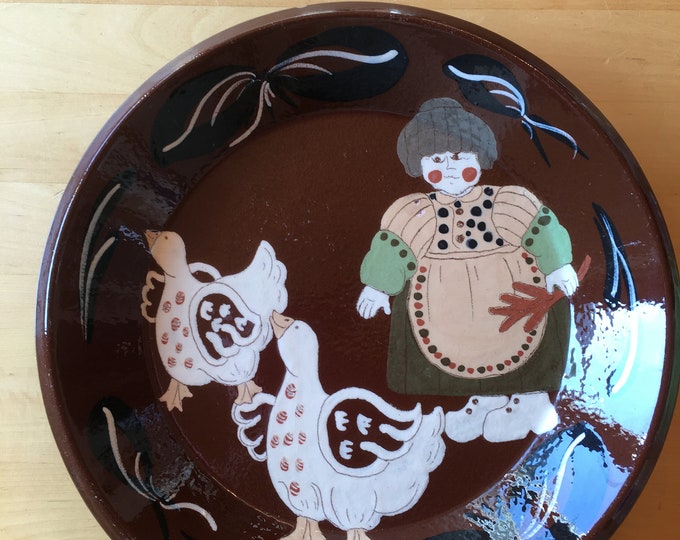 Burkart Ceramic Plate Swiss Traditional Ceramics Women and Geese