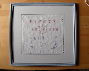 Hand Made Embroidery Sampler in Blue Professional Frame Vintage Item