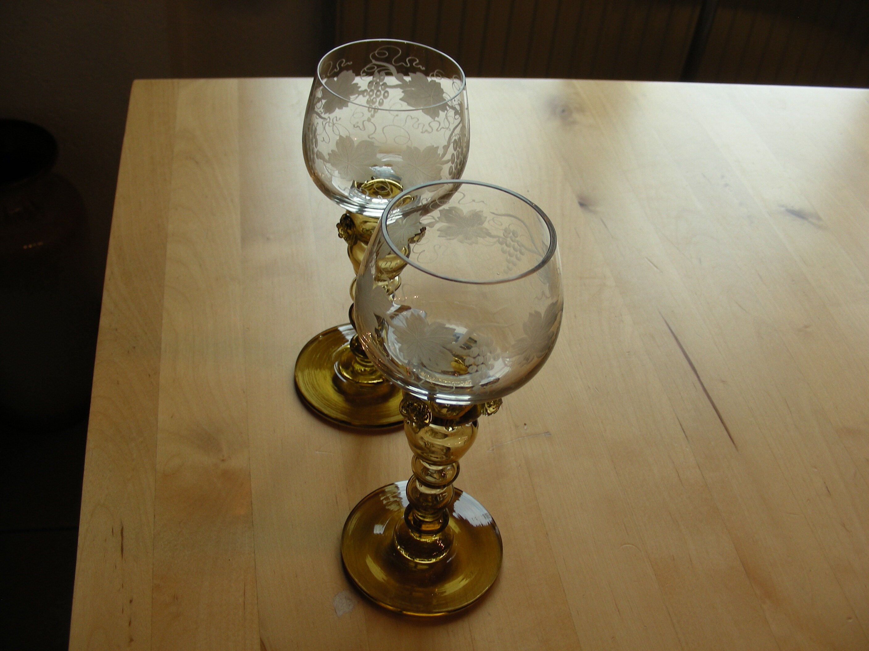 Set of two, etched roemer wine goblets, glasses from Germany, white