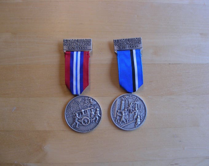 Vintage Swiss sport medals, fireman competition medals, 1978, 1979 Lyss