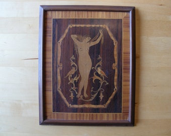 Inlayed framed panel, woman with birds, hangable