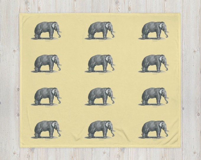Super Soft Throw Blanket Creamy Yellow With Antique Elephant Lithograph Print