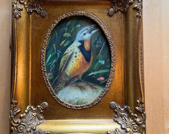 Vintage Original Painting of Bird in Ornate Gold Tone Frame