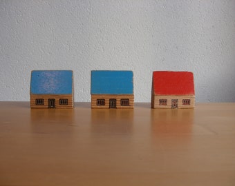 Set of three, hand painted, vintage wood block houses, children’s toys